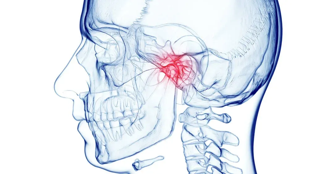 An anatomical illustration shows a transparent skull with the temporomandibular joint highlighted in red, representing the area affected by TMJ disorders, as treated at Limitless Spine & Joint Care.